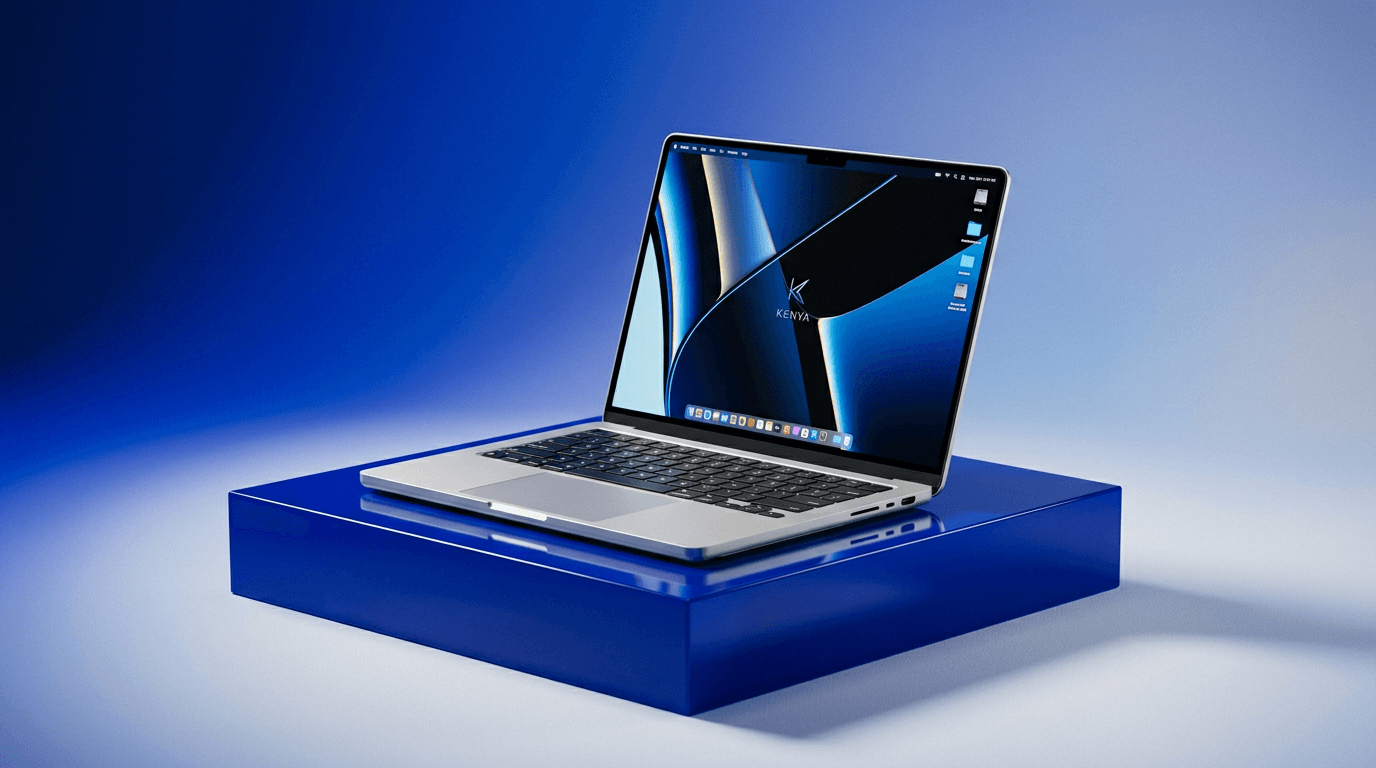 Silver laptop on a blue studio pedestal